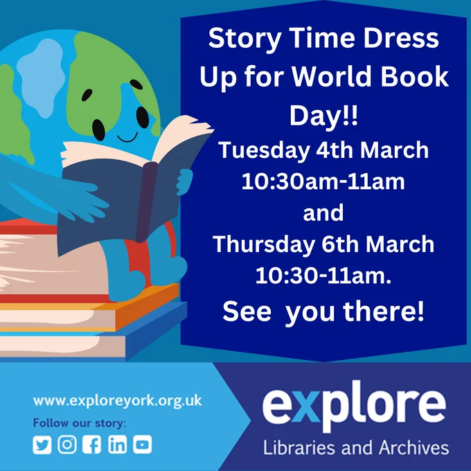 It is #WorldBookDay next week so we're inviting you to dress up for story time! Tues 4th March 10:30am-11am and Thurs 6th March 10:30-11am. 
