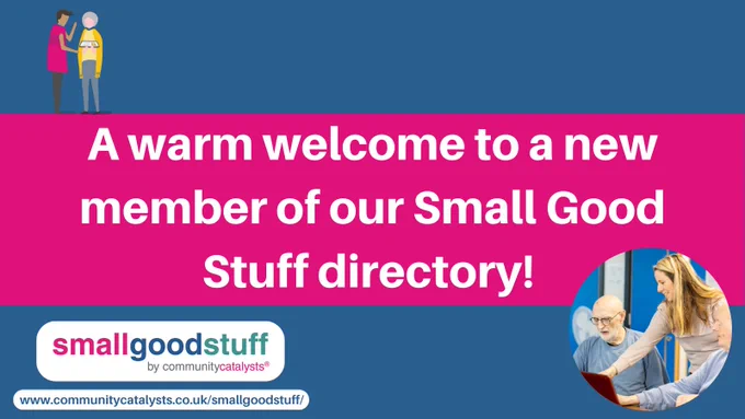 Images of people using a tablet and computer, with text reading 'a warm welcome to a new member of our Small Good Stuff directory!'