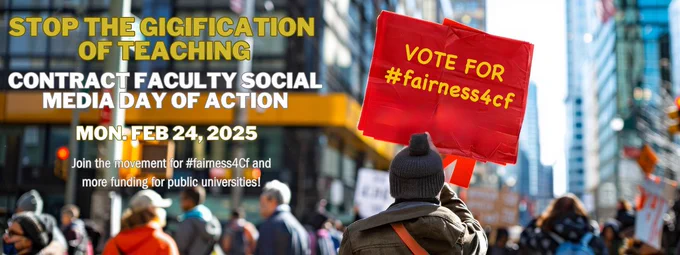 Poster of crowd holding signs. "Stop the gigification of teaching. Contract Faculty Social Media Day of Action" Vote for #fairness4cf