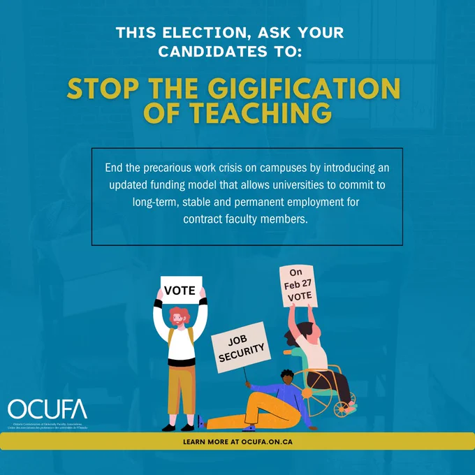 Blue poster with people holding signs in the air. "This election, ask you candidates to: Stop the gigification of teaching"