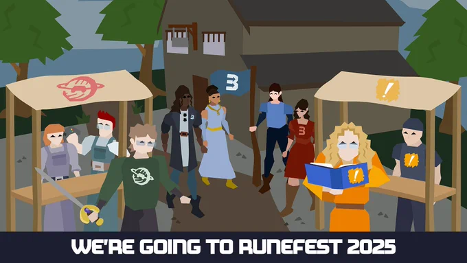 Illustration of a Runescape scene, featuring members of the team at Safe In Our World, Blueprint for All and Special Effect, all charities supporting accessible gaming and mental health awareness in games. Text reads "we're going to runefest 2025".