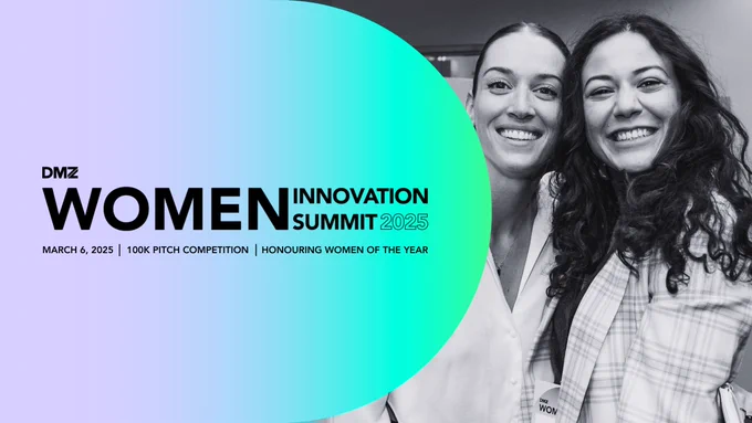 Promotional graphic for DMZ Women Innovation Summit 2025 with summit information in text form next to black and white photo of two women smiling.