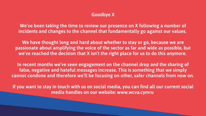 WCVA Twitter (X) statement explaining why we're leaving the platform 