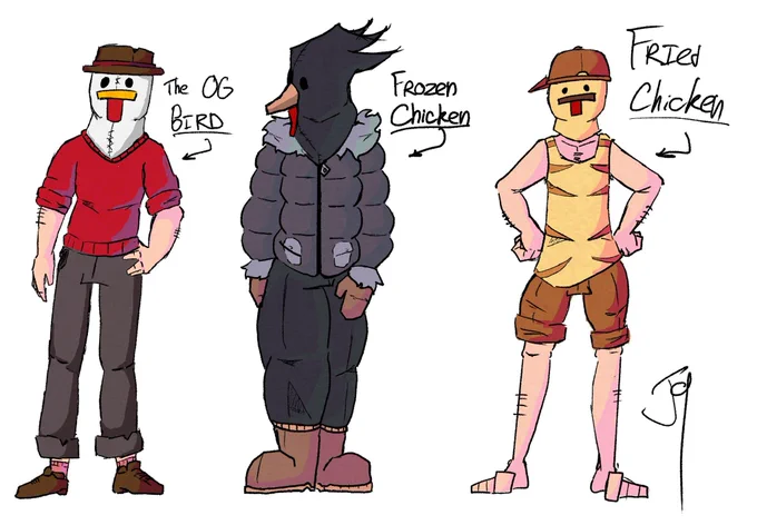 3 Poultry Men, a Temperate one (the og), one wearing a puffy coat and boots and mittens (the snow variant) and one wearing shorts and a tiger print tanktop (the warm variant)