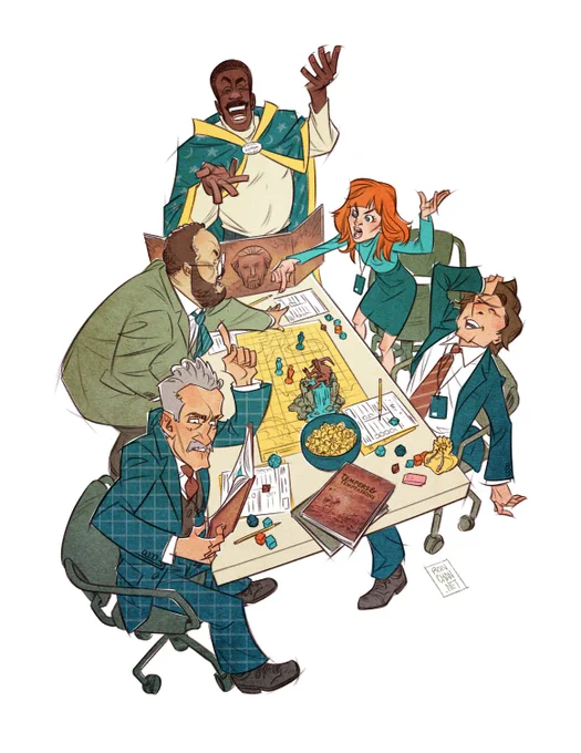 Digital color art of characters from the TV show Severance. The four members of MDR play a DnD-like tabletop game called Tempers & Temptations. Milchick acts as DM, wearing a Lumon branded wizard cloak and standing behind a DM screen with Kier's face on it. He looks like he's having the time of his life. Dylan and Helly gesture at the table and argue about something, Irving consults a player's handbook, and Mark leans back in his chair laughing with his palm on his head.