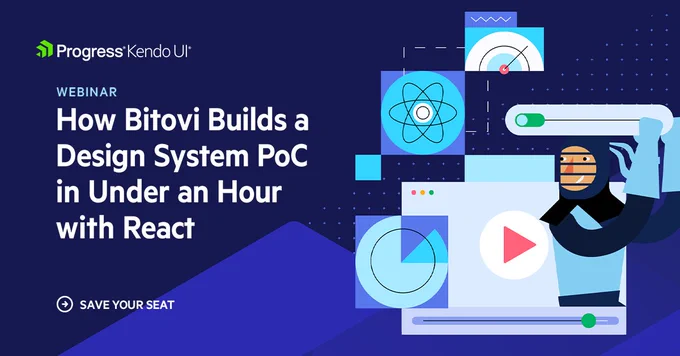 Image for a webinar by Progress Kendo UI titled "How Bitovi Builds a Design System PoC in Under an Hour with React," featuring a graphic of a person working on a computer with various design elements visible on screen.