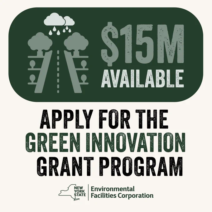 Apply for the Green Innovation Grant Program, $15M available, with EFC's logo and icons of a storm cloud and a street lined with trees