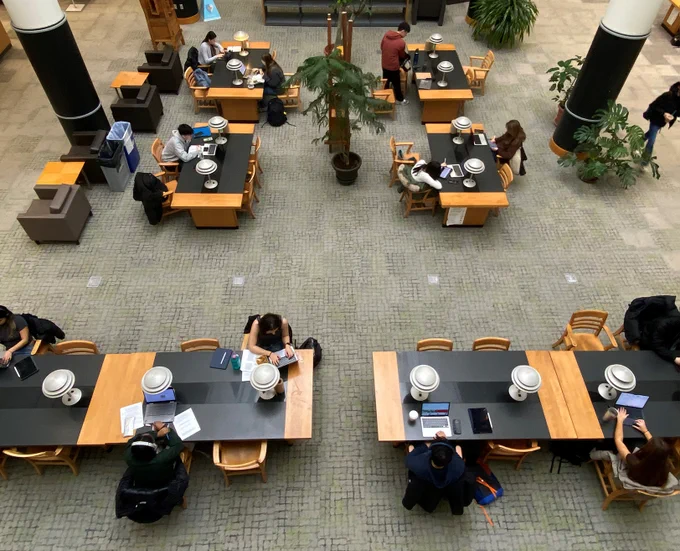 Photo of study tables, all occupied with individuals browsing books or computers, taken from above in the Mann Library atrium  on February 24, 2025.