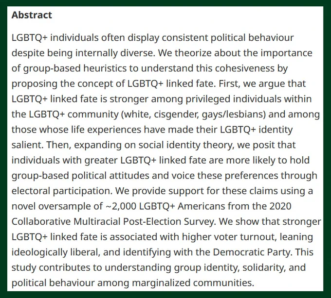 BJPolS abstract discussing the political behavior of LGBTQ  individuals, focusing on community strength and political attitudes. The paper uses data from the 2020 National Health Interview Survey among other sources.