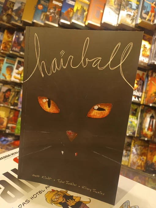 Titelbild von Hairball
Schwarzes Cover, welches gleichzeitig der Kopf einer Katze ist. Aber in einem der Augen ist die längliche Katzenpupille um 90Grad gedreht. 