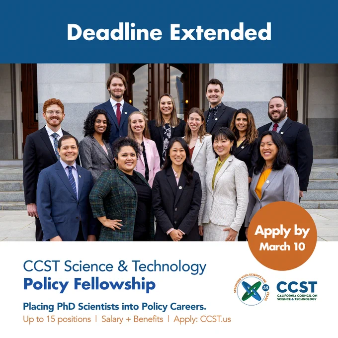 A graphic with the title, deadline extension, CCST logo, and a group photo of the Fellows.