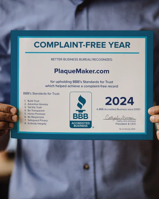 Better Business Bureau Certificate Award For No Complaint Year In 2024 Featuring PlaqueMaker