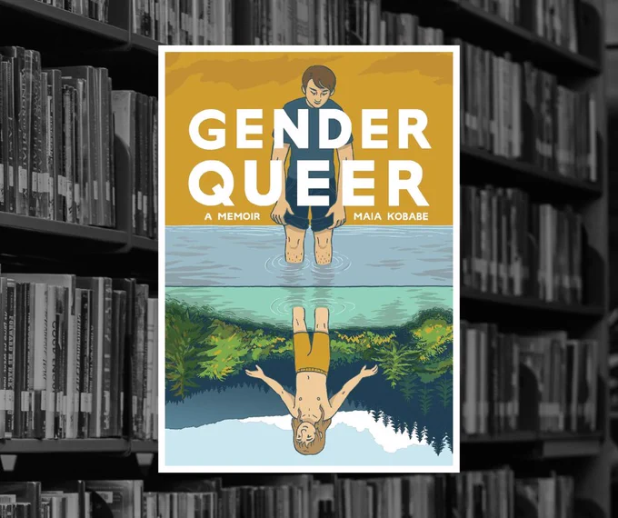 Book cover for "Gender Queer" by Maia Kobabe over a black and white photo of bookshelves in the library.