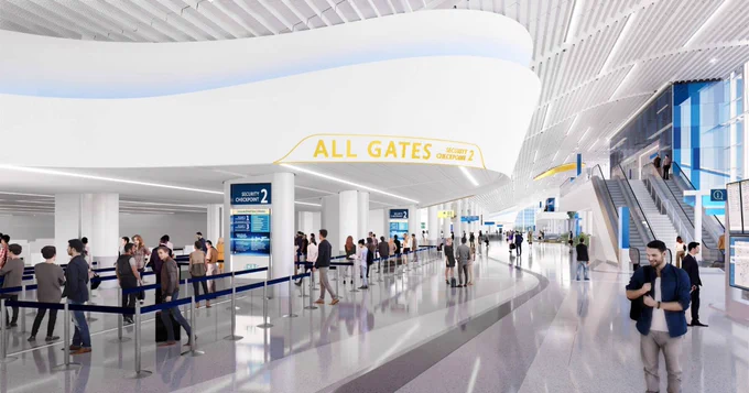 A rendering of the completed Terminal Lobby Expansion at CLT Airport. It is a wide open, bright space with high ceilings and polished floors.