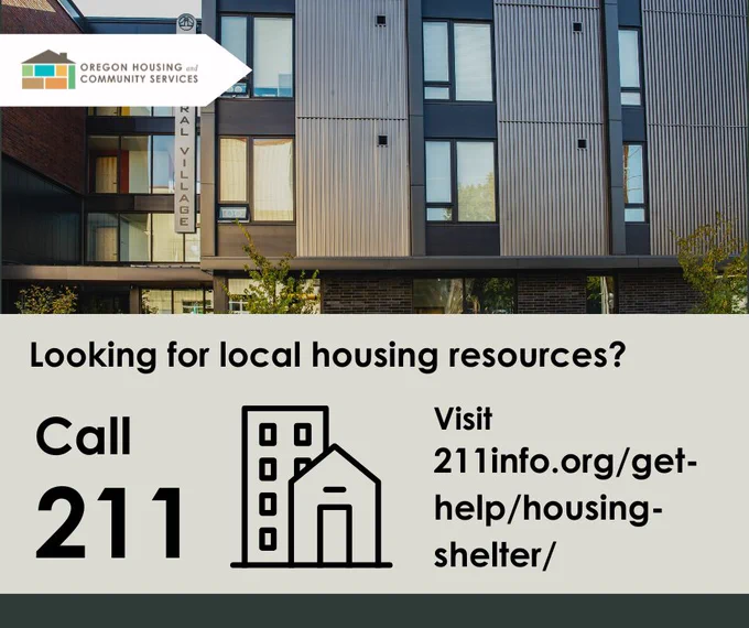 Graphic featuring a modern building facade with the text: 'Looking for local housing resources? Call 211 or visit 211info.org/get-help/housing/'.