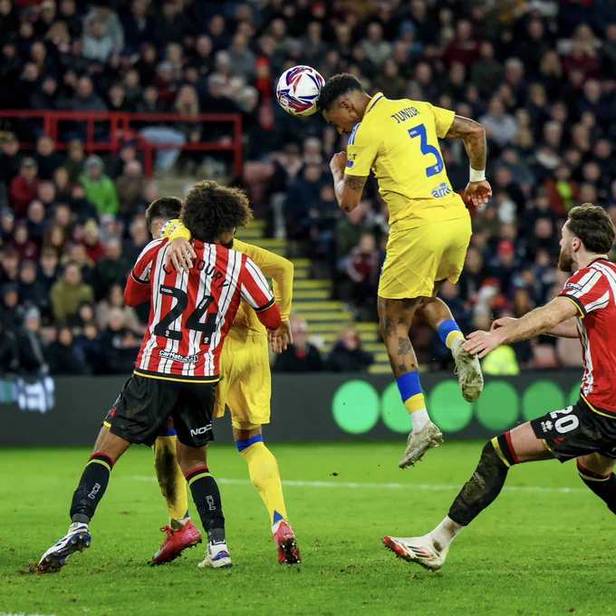 Junior Firpo heads the ball to equalise against Sheffield United