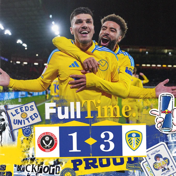 Full-time graphic showing: Sheffield United 1-3 Leeds United. Piroe celebrates his goal with Jayden Bogle.