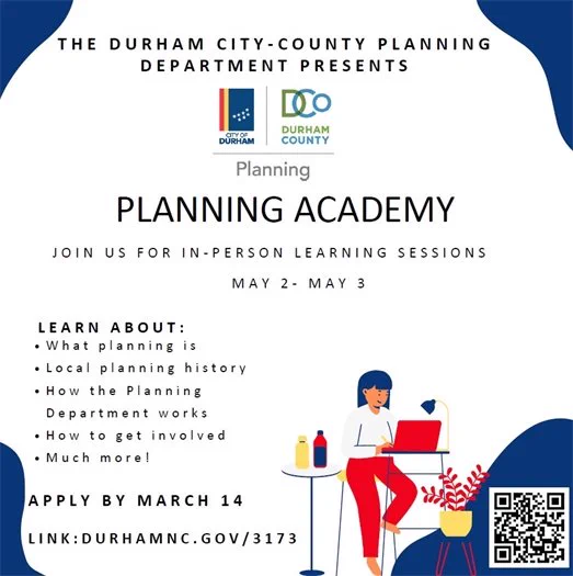English flyer with QR code for the 2025 Durham Planning Academy for Spring. Apply by March 14!