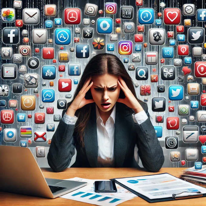 A stressed female business leader sitting at a desk overwhelmed by multiple floating app icons, representing various business tools. (DALLE generated image)