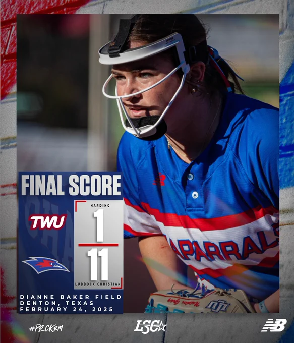 A final score graphic for the Lubbock Christian University (LCU) Lady Chaps softball game against Texas Woman’s University (TWU). The score indicates LCU won 11-1 at Dianne Baker Field in Denton, Texas, on February 24, 2025. The graphic includes the LCU and TWU logos, along with the Lone Star Conference (LSC) and New Balance logos.

In the foreground, LCU player Natalee Gray is pictured wearing a blue jersey with red and white stripes and “Chaparrals” across the chest. She is wearing a protective face guard and has a focused expression. She holds a customized softball glove with “Natalee Gray” embroidered on it. The background is slightly blurred, showing the softball field. Hashtags and branding elements, such as "#PCKEM," are included in the design.