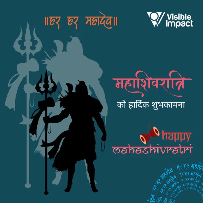 A vibrant graphic design celebrating Mahashivratri, featuring the text "हर हर महादेव" in bold, colorful letters. The background is adorned with ornamental designs and symbols associated with Lord Shiva, creating a festive atmosphere. The message conveys warm wishes for the occasion in a cheerful manner.