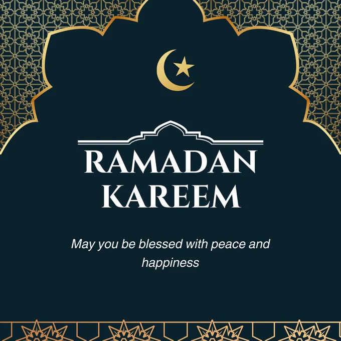 Blue minimalist design with the text ‘Ramadan Kareem’ in white font. Below, it says ‘May you be blessed with peace and happiness.’ The background features subtle crescent moon and star patterns.