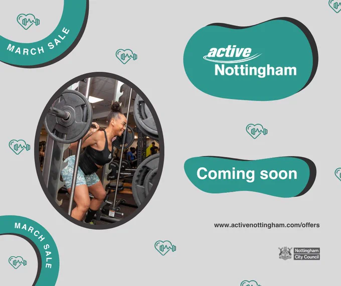 Promotional social media post for 'Active Nottingham' featuring a female lifting weights in a gym. The background includes heart rate monitor icons and the text 'March Sale' on both sides. The bottom right corner displays the Nottingham City Council logo and a URL: www.activenottingham.com/offers.