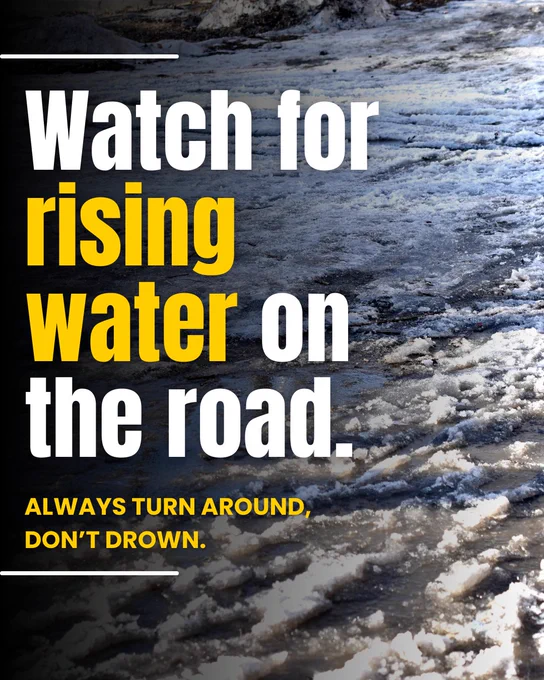 Poster warning about rising water on the road with the message "Watch for rising water on the road. Always turn around, don't drown." and a background image of a flooded road.