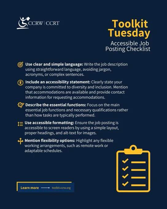 CCRW Logo. Checklist graphic icon. Toolkit Tuesday, Accessible Job Posting Checklist. Visit toolkit.ccrw.org to learn more on how to make your job ads accessible