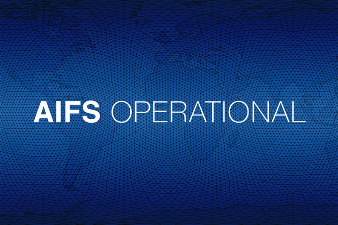 Background image of world map with grid overlaid. Text: "AIFS operational"