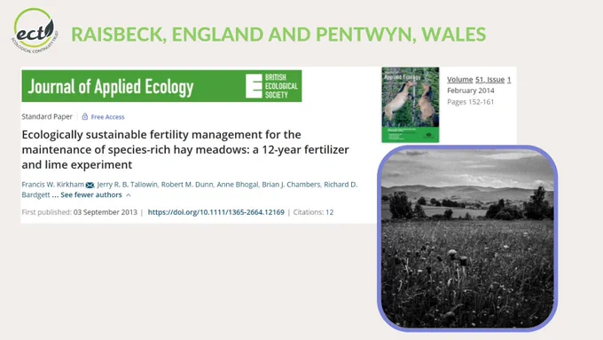 A black and white photo taken at ground level with plants in the foreground, and hills in the background. Screenshot of publication: Kirkham et al. 2014. Ecologically sustainable fertility management for the maintenance of species-rich hay meadows: a 12-year fertilizer and lime experiment. Journal of Applied Ecology Volume 51, Issue 1, Pages 152-161