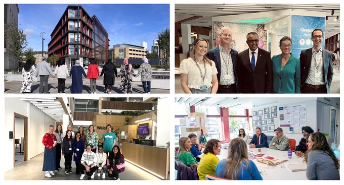 Four images of the Clarice Pears building, University of Glasgow, with staff, students and VIP guests.