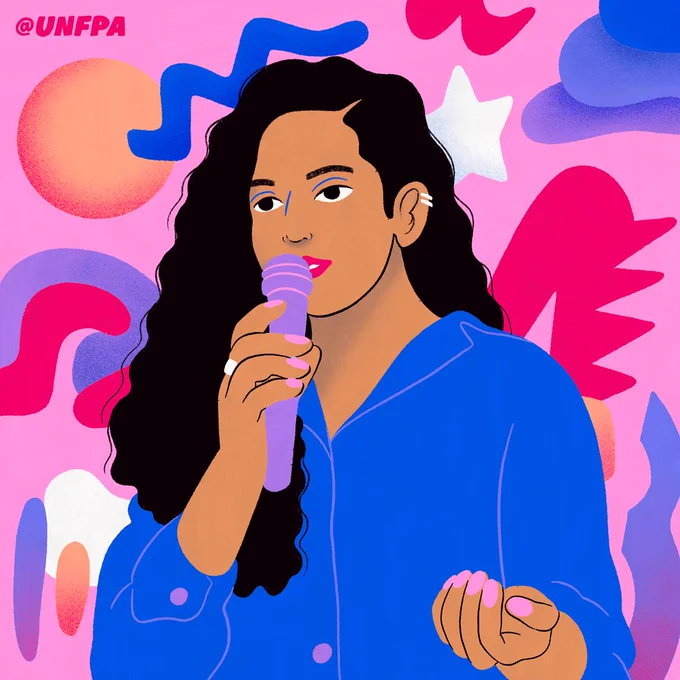 An illustration card, with a woman drawn in the center, wearing a purple t-shirt and a blue headband. She is wearing bright pink lipstick and looking straight ahead. The color of the background is bright pink, with colorful decorations drawn on top, including a white feather, a blue circle and a purple star. @UNFPA is written in orange in the top right corner of the card.