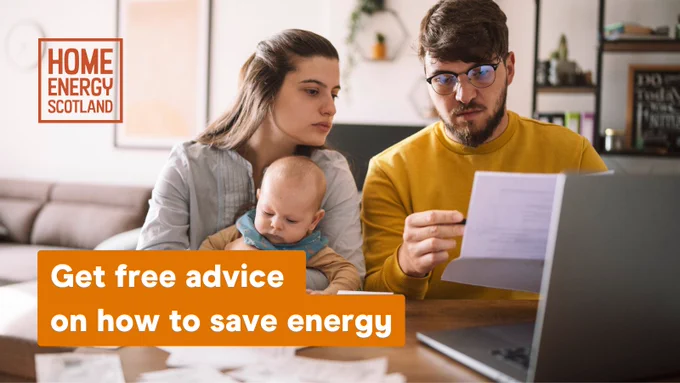 A young family are at a table with laptop and are looking at their bills, looking concerned. Text overlay reads: Get free advice on how to save energy.