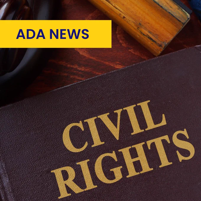 Close-up of a brown book with "Civil Rights" in gold lettering, placed on a wooden surface next to a gavel. A yellow banner with "ADA News" is in the top left corner.