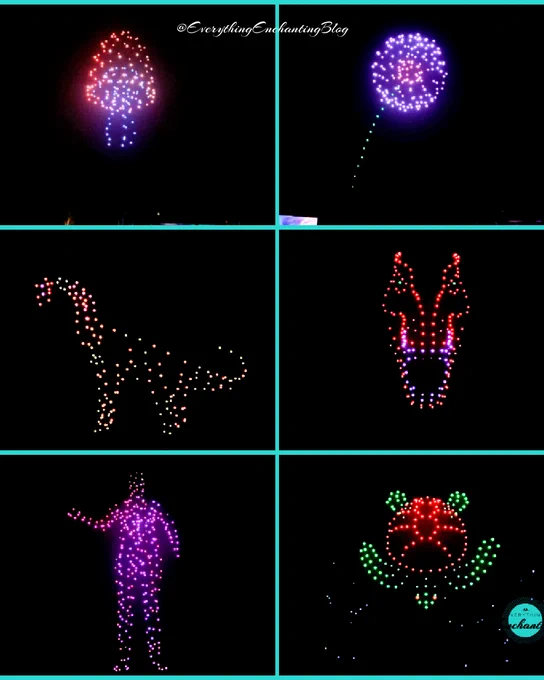 A grid of six images displaying various drone light formations against a dark night sky. The formations include a mushroom, a dandelion, a dinosaur, a mask,  a human figure, and a beetle. Each formation is composed of numerous illuminated drones creating intricate and visually stunning designs, captured by Anamika for everything enchanting blog