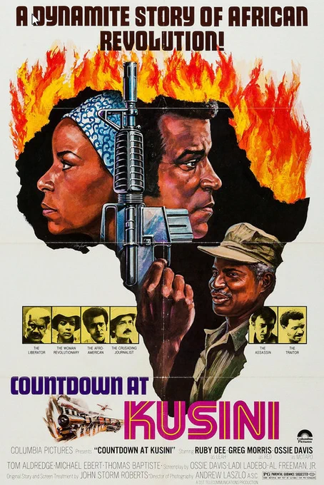 Against a silhouette of the continent of Africa, topped with blazing orange fire, are paintings of the three stars of 'Countdown at Kusini': Ruby Dee, Greg Morris, and Ossie Davis. Tagline overhead: 'A dynamite story of African revolution!'