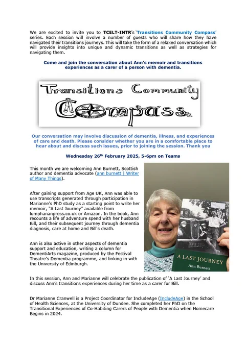 The flyer outlining the event, Ann Burnett is holding a copy of her book, A Last Journey. The event is on Wednesday 26th February 2025 5pm-6pm on Microsoft Teams. Ann and Dr Marianne Cranwell will celebrate the publication of her book and discuss her transitions experiences as a carer for her Husband Bill.