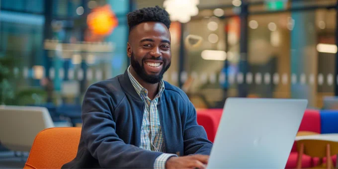 A smiling man with a beard and short hair sits in a modern office space, working on a laptop. He wears a navy jacket over a checked shirt, and the background is blurred with colourful furniture and warm lighting.