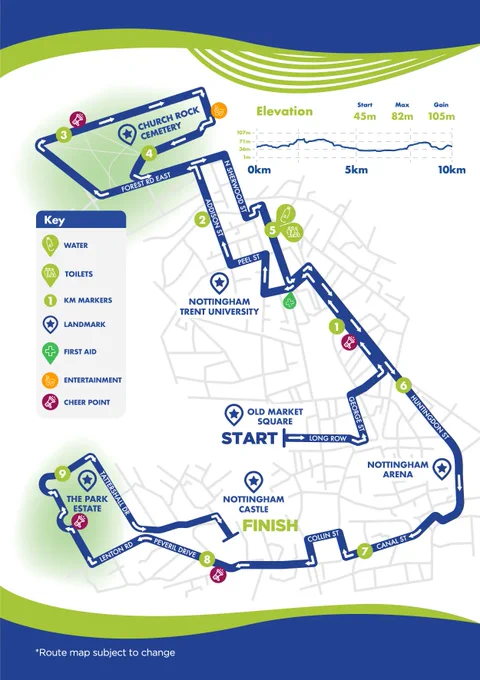 Map showing the Nottingham 10K route starting at Old Market Square, heading north along Mansfield Road, passing Nottingham Girls High School, looping around Church Rock Cemetery, then south towards Nottingham City Centre, passing Motorpoint Nottingham Arena, and finishing inside Nottingham Castle