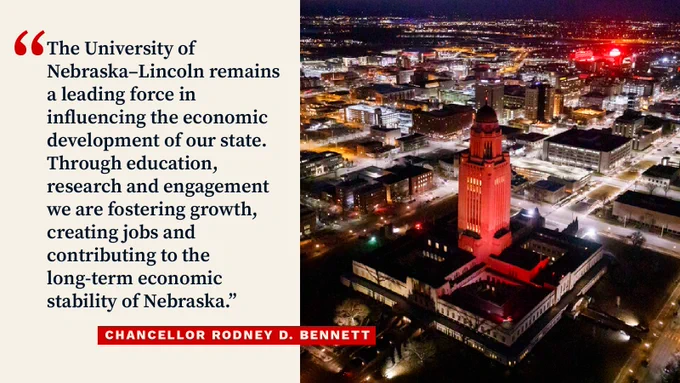 A quote form Chancellor Rodney D. Bennett that reads: The University of Nebraska–Lincoln remains a leading force in influencing the economic development of our state. Through education, research and engagement we are fostering growth, creating jobs and contributing to the long-term economic stability of Nebraska.

It is placed over an aerial fo downtown Lincoln with the capitol building in the foreground and the stadium lit red in the distance.