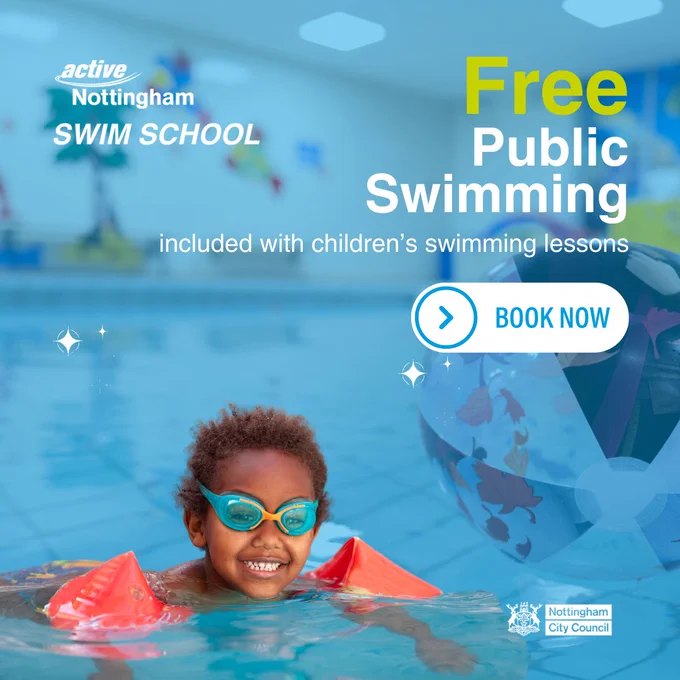 Promotional image for Free Public Swimming that is included with Children's Swimming Lessons. The image shows a child in a swimming pool wearing orange floaties. There is a Book Now button on the right hand side of the image.