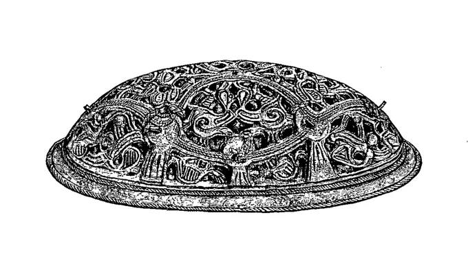 Sketch of an elaborate oval bowl-shaped brooch 