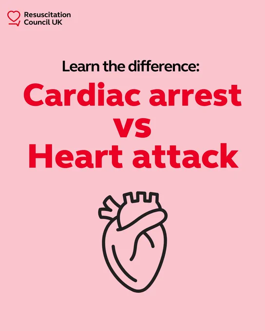 Pink background with red text reading 'Learn the difference: Cardiac arrest vs Heart attack' and a black line illustration of a heart.