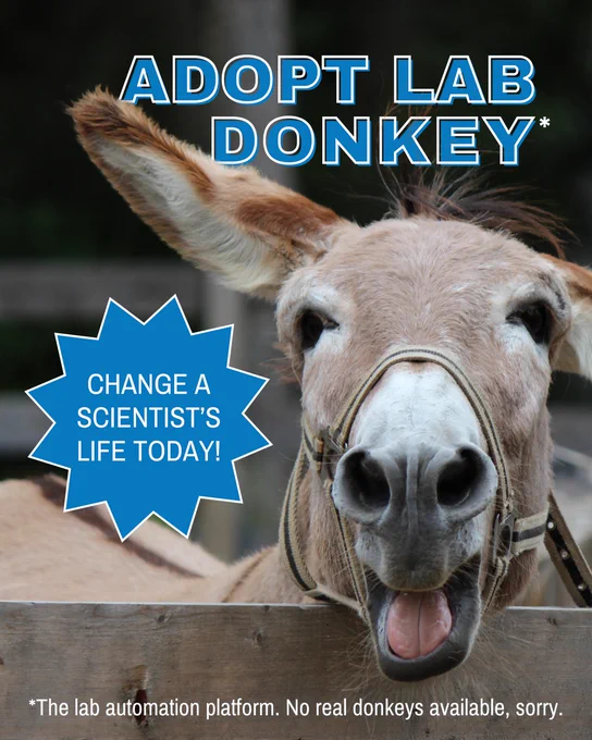 The following text is on top of a photo of a happy donkey:
Adopt Lab Donkey*
Change a scientist's life today!
*The lab automation platform. No real donkeys available, sorry.