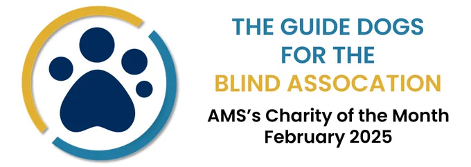 A banner showing that Alan March Sport's Charity of the Month is The Guide Dogs for the Blind Association. The charity's logo is on the left, within the AMS gold and teal frame.
