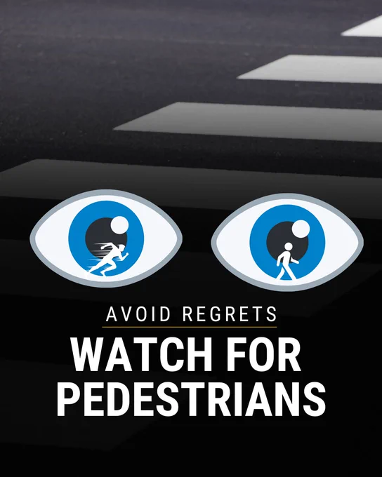 A safety sign on the road displaying two icons: one with a person jogging and another with a person walking, alongside the text 'Avoid Regrets, Watch for Pedestrians'.
