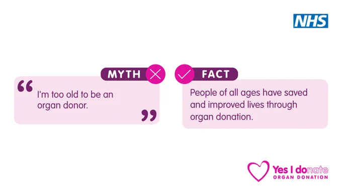 A pink, purple and white graphic which shows a myth about organ donation, followed by the fact. Text reads:
Myth: I'm too old to be an organ donor.
Fact: People of all ages have saved and improved lives through organ donation.