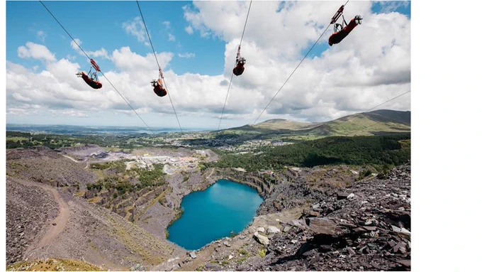 Penrhyn Quarry Zip World. The zip line runs for around one mile reaching speeds of up to 100MPH. It’s the fastest and longest in Europe and is powered by nothing but gravity. 