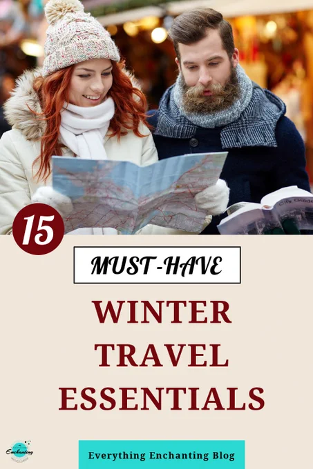 A smiling couple in warm winter clothing checking a map while traveling in a cold-weather destination. The image highlights essential winter travel gear for staying warm and comfortable. Text overlay reads: "15 Must-Have Winter Travel Essentials" from Everything Enchanting Blog. A curated list of winter travel essentials for a city trip, including warm clothing, practical gear, and stylish accessories. Perfect for travel planning and packing tips.
